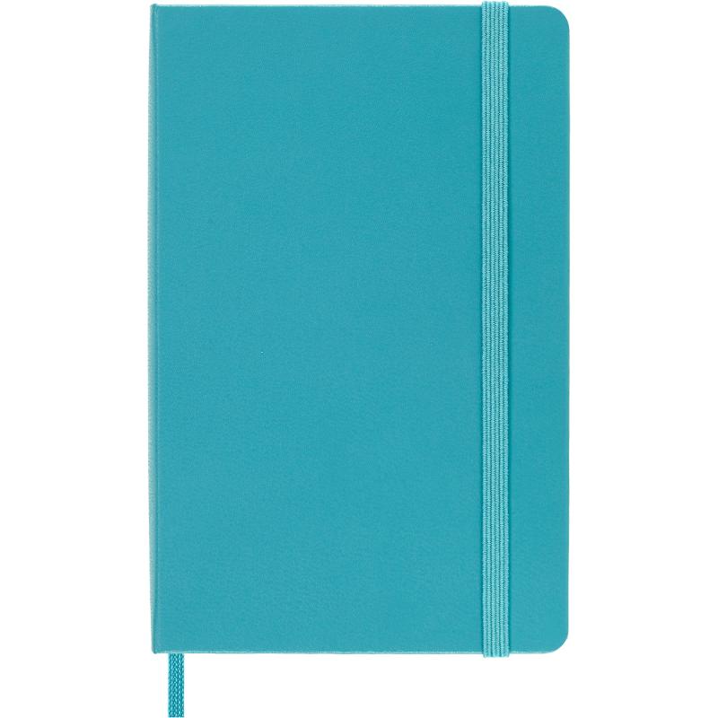 Moleskine Pocket Notebook in Reef Blue, hard cover, elastic closure, ivory pages, expandable pocket, ideal for creatives.