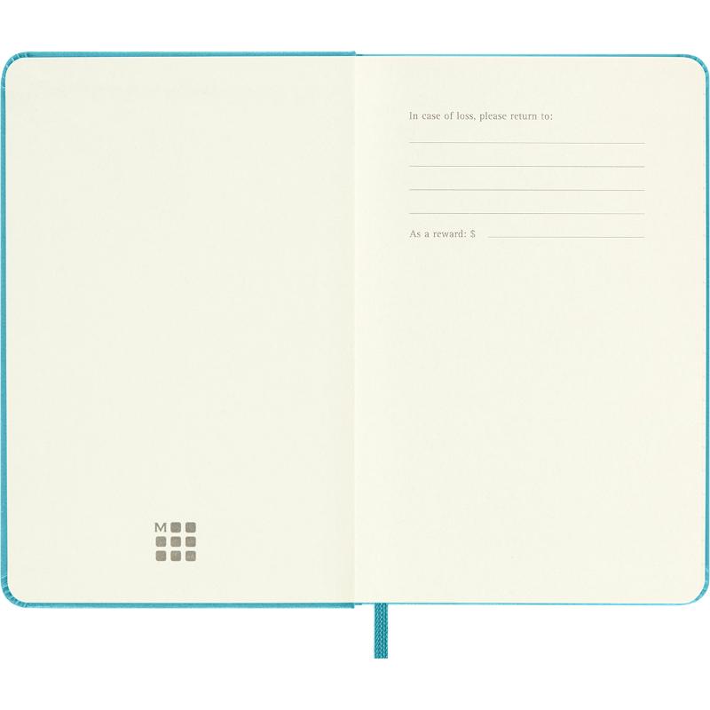 Moleskine Notebook Pocket in Reef Blue with hard cover, elastic closure, ribbon bookmark, and expandable inner pocket.