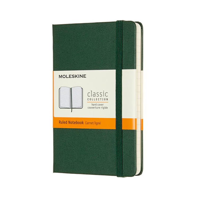 Moleskine Pocket Notebook in Myrtle Green, featuring ruled ivory pages, elastic closure, and expandable inner pocket for travel.