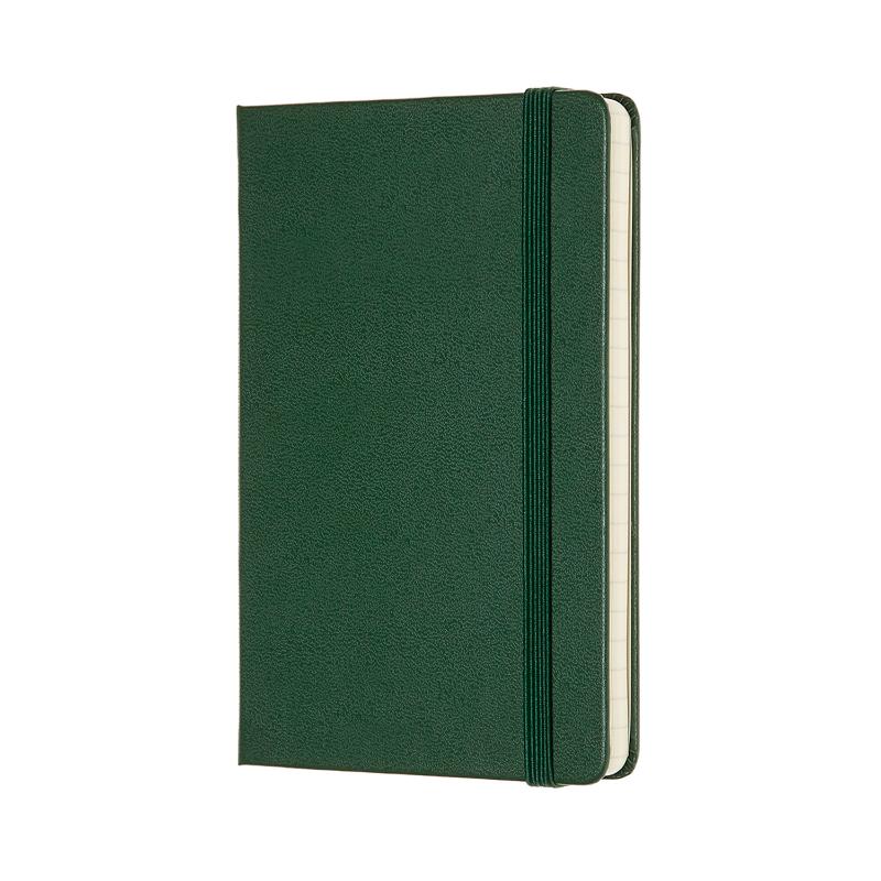 Moleskine Pocket Notebook in Myrtle Green, featuring ruled pages, elastic closure, ribbon bookmark, and expandable inner pocket.