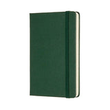 Moleskine Pocket Notebook in Myrtle Green, featuring ruled pages, elastic closure, ribbon bookmark, and expandable inner pocket.