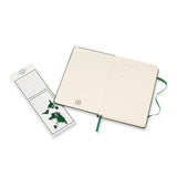 Moleskine Pocket Ruled Notebook in Myrtle Green with elastic closure, ivory pages, expandable pocket, and ribbon bookmark.