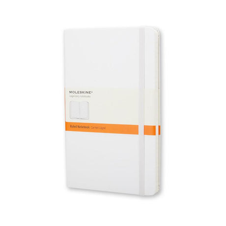 Moleskine Pocket Notebook: elegant white hard cover, elastic closure, ivory pages, ideal for travel and creativity.