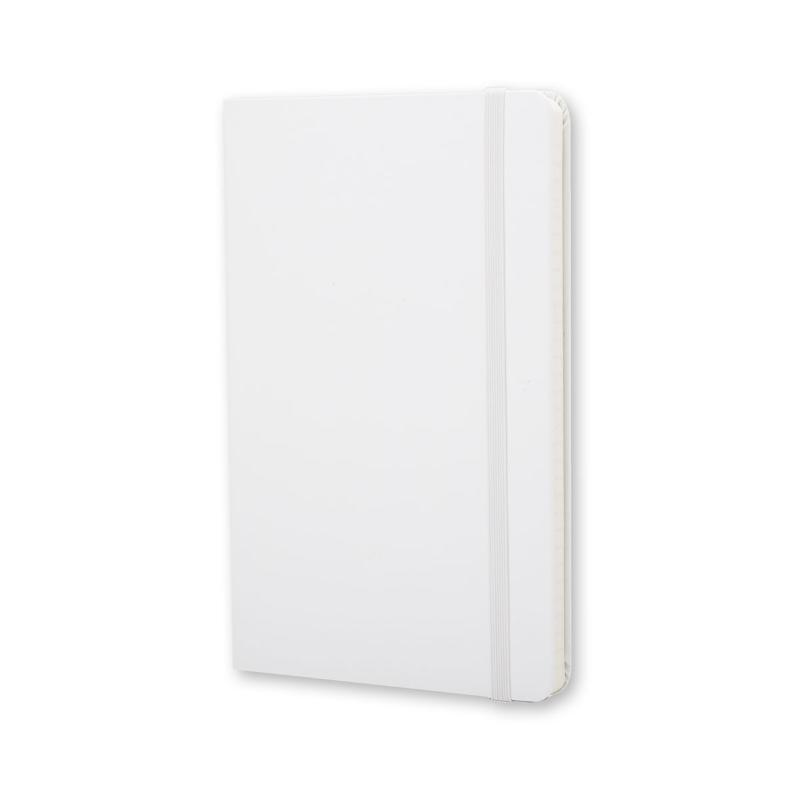 Moleskine Pocket Ruled White Notebook with hard cover, ivory pages, elastic closure, and ribbon bookmark for creatives.