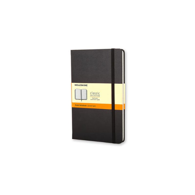 Moleskine Pocket Notebook in black, ruled pages, elastic closure, and expandable pocket for notes and cards.