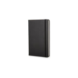 Black hardcover Moleskine notebook with ruled pages, elastic closure, and expandable inner pocket for notes and mementos.