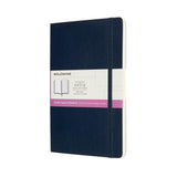 Moleskine Sapphire large ruled notebook with soft cover, 240 ivory pages, elastic closure, and expandable pocket for notes.