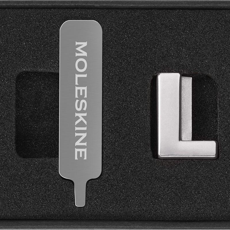 Silver Moleskine Pins L, durable zinc alloy letter pins for personalizing notebooks or planners with initials or words.