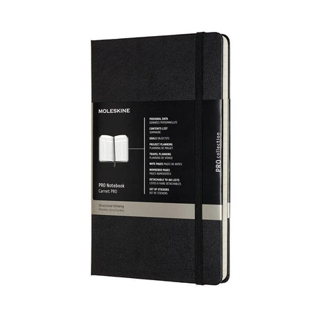 Moleskine Pro Notebook: large black hard cover, ivory 70g paper, elastic closure, rounded corners, detachable pages, ideal for organization.