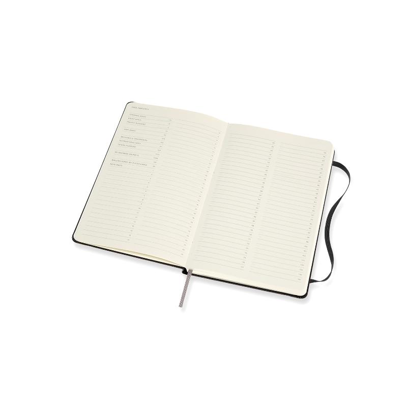 Moleskine Pro Notebook in black with hard cover, elastic closure, and ivory acid-free paper for professional note-taking.