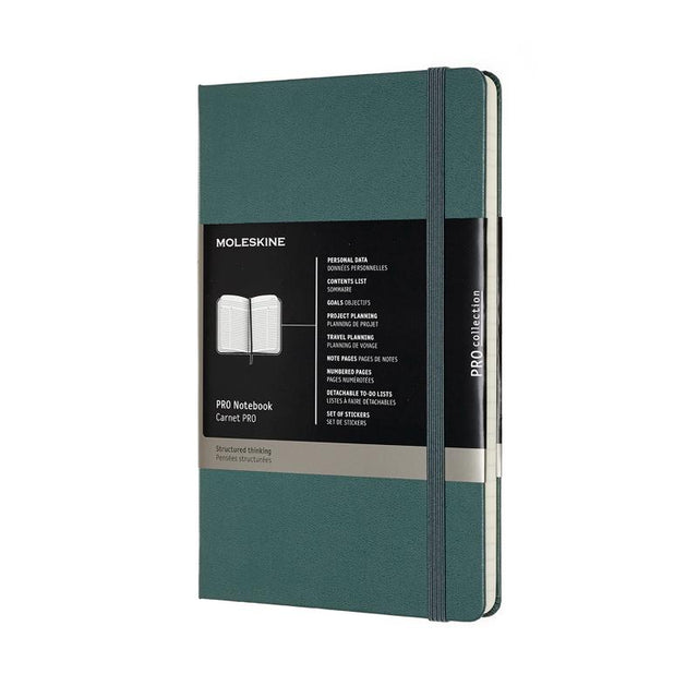 Large forest green Moleskine Pro Notebook with hard cover, elastic closure, ribbon bookmark, and numbered acid-free pages.