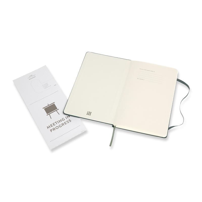 Moleskine Pro Notebook in Forest Green, large size, hard cover with elastic closure, ribbon bookmark, and detachable sheets.