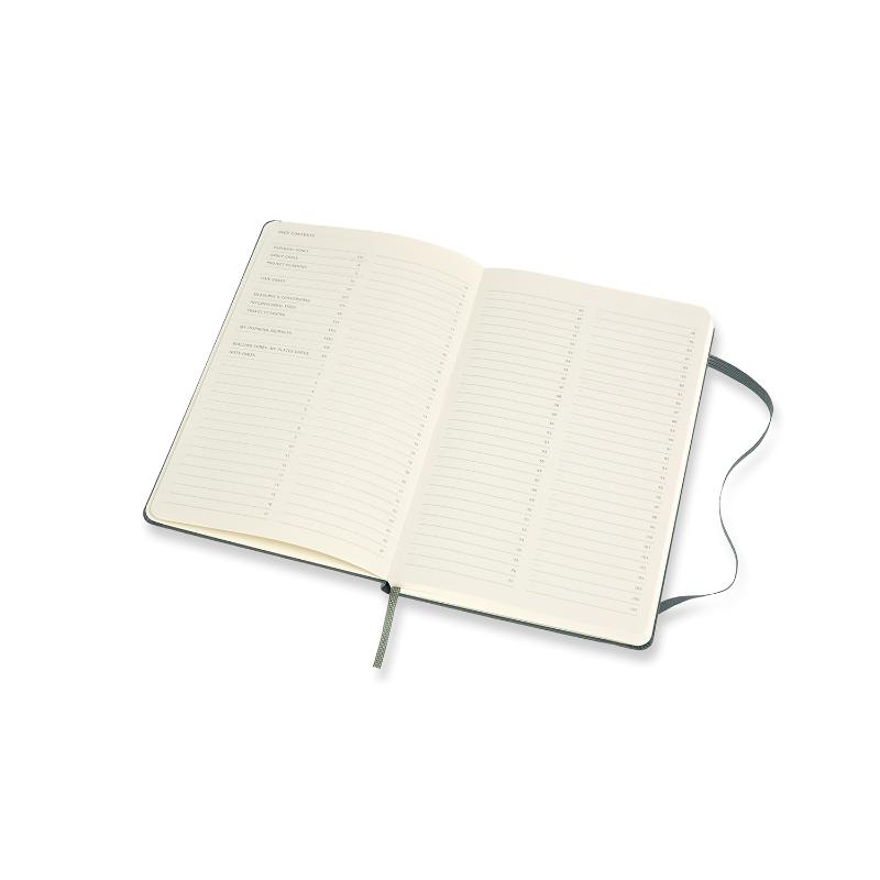 Large forest green Moleskine Pro Notebook with hard cover, elastic closure, ribbon bookmark, and numbered acid-free pages.