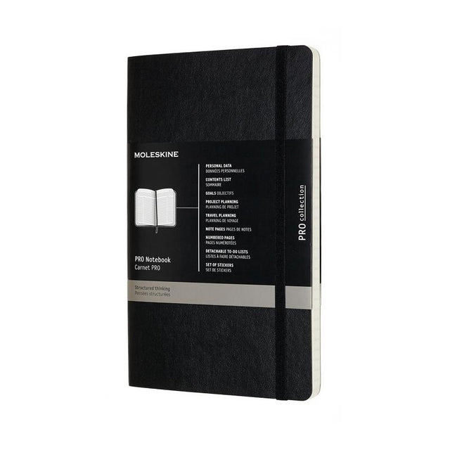 Moleskine Pro Notebook in black, soft cover, featuring numbered pages, elastic closure, and an expandable inner pocket.