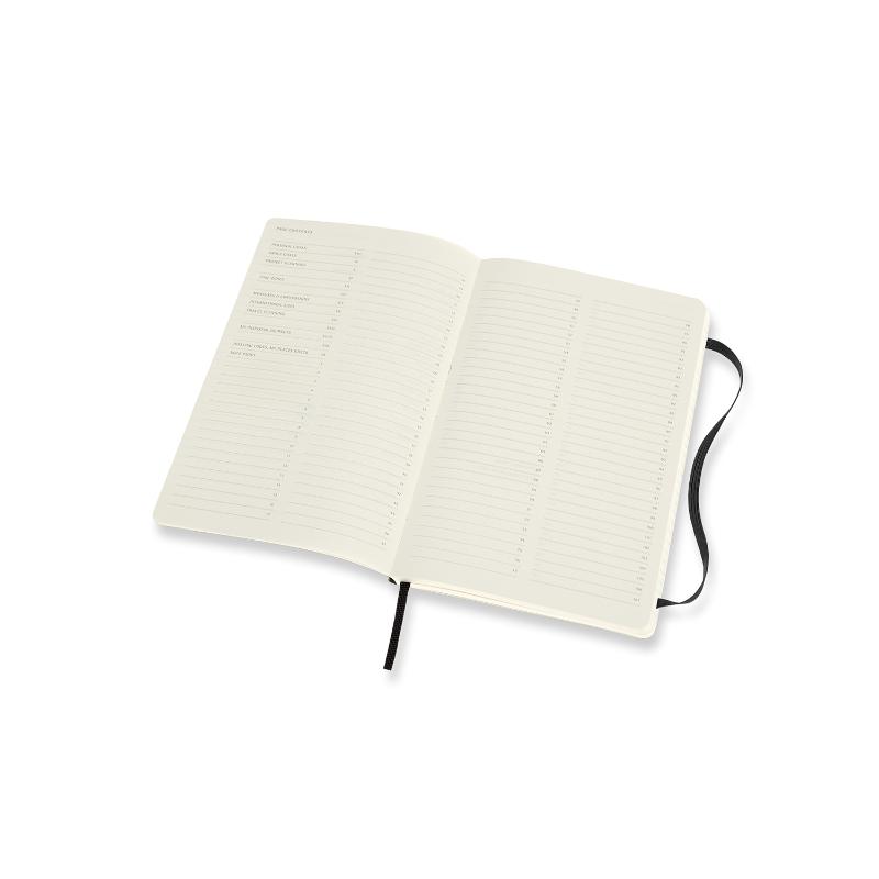 Moleskine Pro Notebook Large Black Soft Cover featuring soft cover, rounded corners, elastic closure, and ivory acid-free paper.