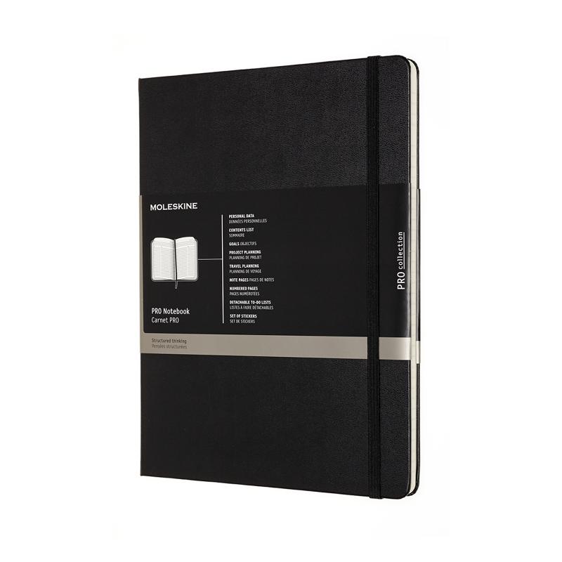 Moleskine Pro Notebook XL Black Hard with premium cover, detachable sheets, inner pocket, and numbered pages for organization.