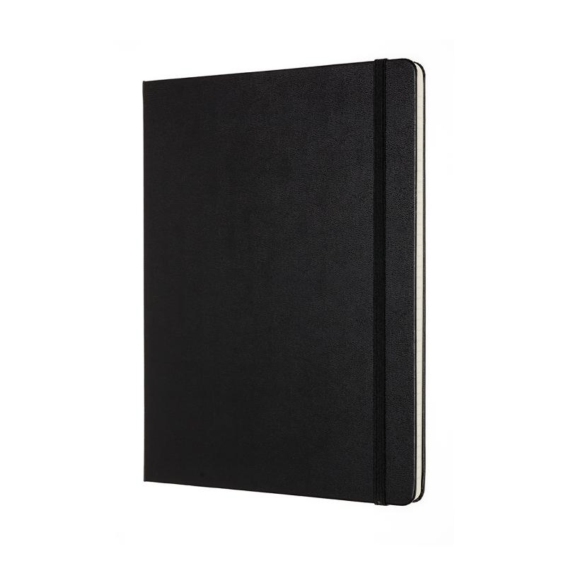 Moleskine Pro Notebook XL in sleek black, featuring hard cover, numbered pages, detachable sheets, and elastic closure for organization.