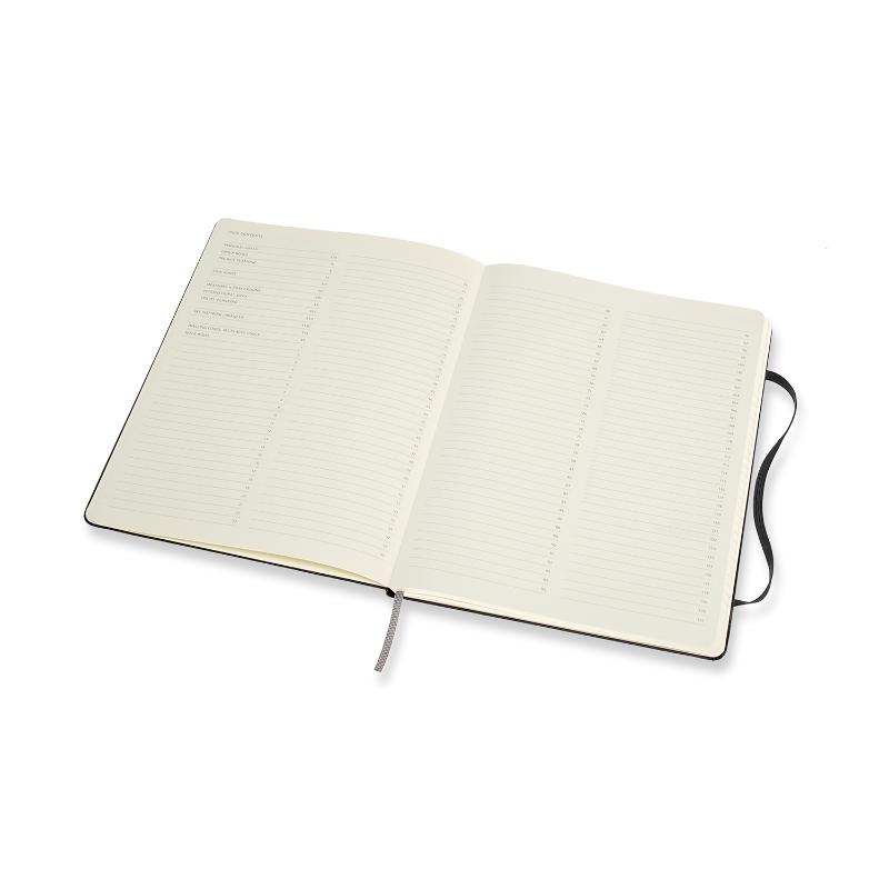 Moleskine Pro Notebook XL in sleek black, featuring numbered pages, detachable sheets, and a secure elastic closure.