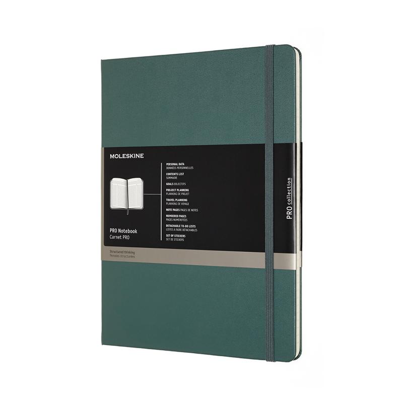 Moleskine Pro Notebook XL in Forest Green, featuring a hard cover, elastic closure, and detachable ivory acid-free pages.