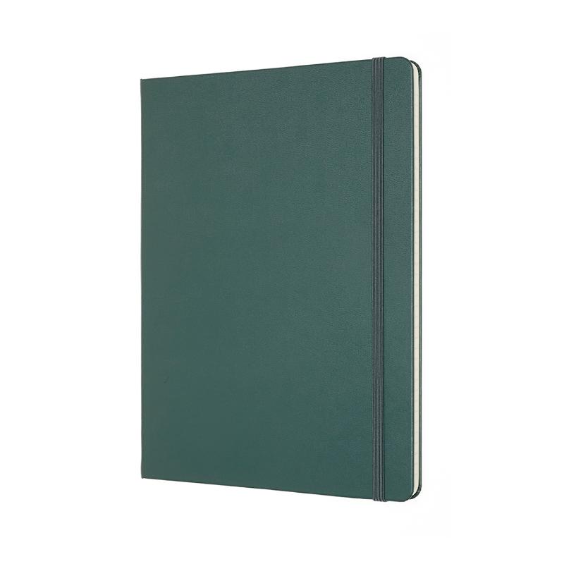 Moleskine Pro Notebook XL in Forest Green, featuring a hard cover, detachable pages, ribbon bookmark, and inner pocket for storage.