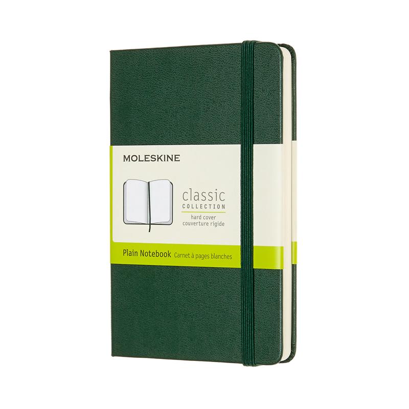 Myrtle Green Moleskine Pocket Notebook with elastic closure, ivory acid-free pages, and expandable inner pocket for travel.