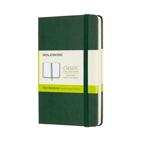 Myrtle Green Moleskine Pocket Notebook with elastic closure, ivory acid-free pages, and expandable inner pocket for travel.