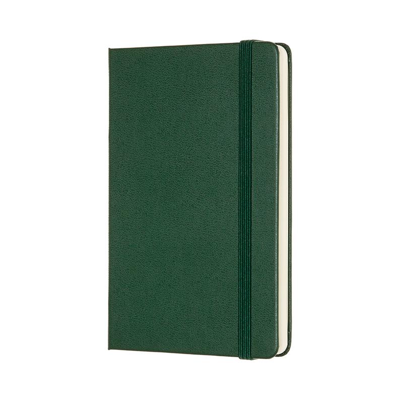 Myrtle green Moleskine notebook with plain pages, elastic closure, bookmark, and expandable pocket for travel convenience.