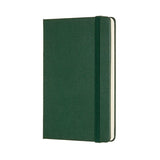 Myrtle green Moleskine notebook with plain pages, elastic closure, bookmark, and expandable pocket for travel convenience.