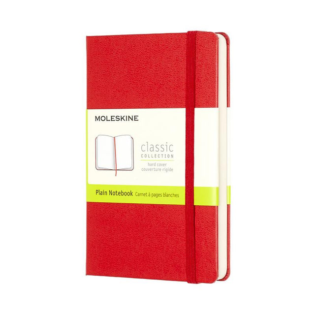 Moleskine Pocket Notebook in Scarlet Red with plain pages, elastic closure, and ribbon bookmark for creativity on the go.