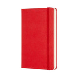 Scarlet red Moleskine pocket notebook with plain pages, elastic closure, and ribbon bookmark for on-the-go creativity.