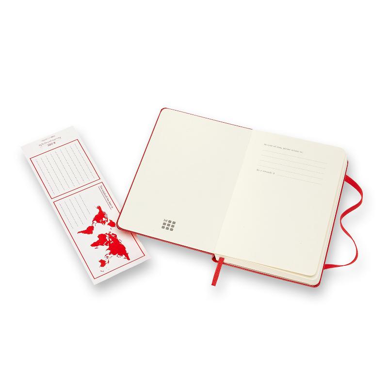 Vibrant scarlet red Moleskine Pocket Notebook with plain pages, elastic closure, and expandable pocket for on-the-go creativity.