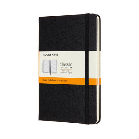 Moleskine Medium Ruled Notebook in black with elastic closure, rounded corners, and expandable pocket for secure note-taking.