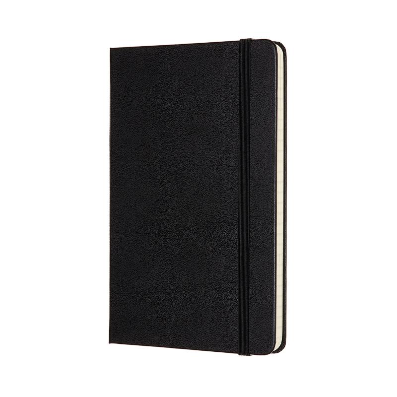 Moleskine Medium Ruled Black Notebook with rounded corners, elastic closure, and expandable inner pocket for secure note-taking.