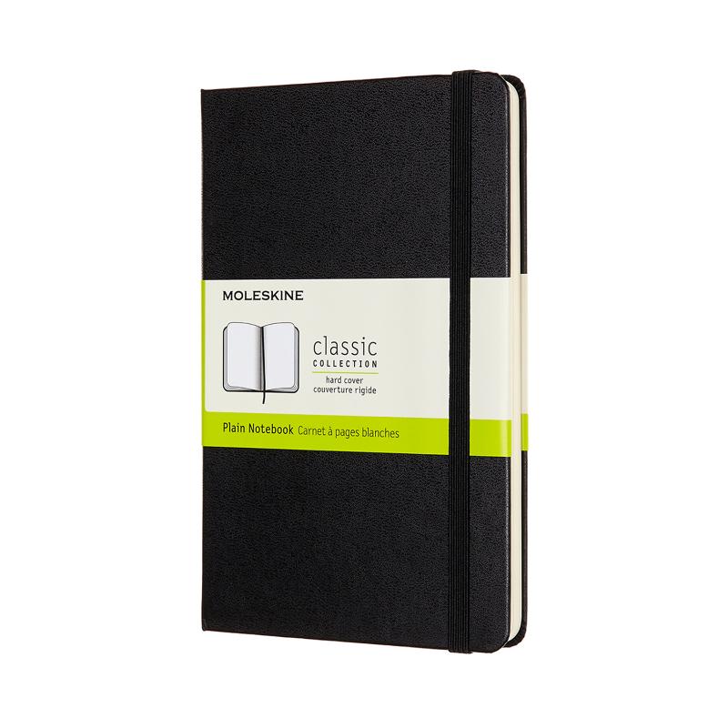 Moleskine medium black notebook with hard cover, elastic closure, rounded corners, and expandable pocket for notes.