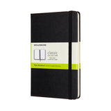 Moleskine medium black notebook with hard cover, elastic closure, rounded corners, and expandable pocket for notes.