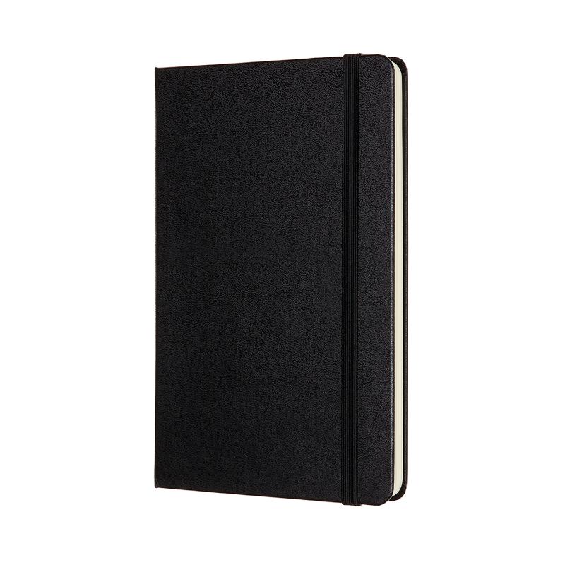 Moleskine medium black notebook with hard cover, elastic closure, rounded corners, and ivory acid-free paper.