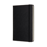 Moleskine medium black notebook with hard cover, elastic closure, rounded corners, and ivory acid-free paper.