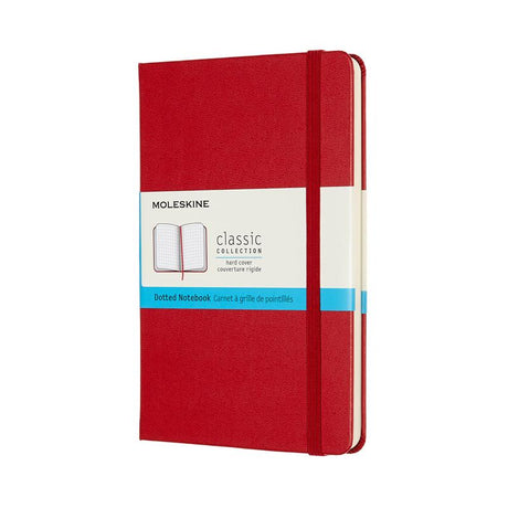 Moleskine Medium Dot Notebook in Scarlet Red with rounded corners, elastic closure, and expandable pocket for creative organization.