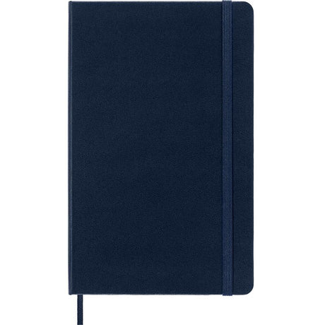 Moleskine Large Ruled Notebook in Sapphire Blue with hard cover, ivory pages, elastic closure, and ribbon bookmark.