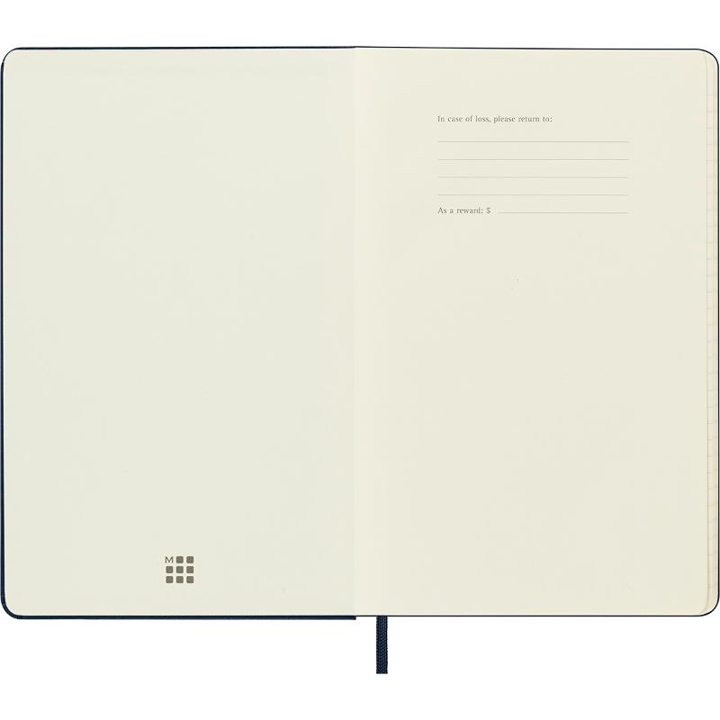 Moleskine Large Ruled Notebook in Sapphire Blue with hard cover, elastic closure, and expandable pocket for notes and cards.