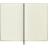 Large ruled sapphire blue Moleskine notebook with hard cover, elastic closure, ribbon bookmark, and expandable back pocket.