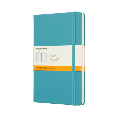 Moleskine large ruled notebook in Reef Blue with elastic closure, ribbon bookmark, and expandable pocket for notes and cards.