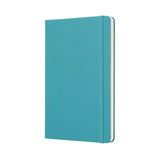 Moleskine Large Ruled Notebook in Reef Blue, featuring ivory pages, elastic closure, and expandable pocket for notes and mementos.