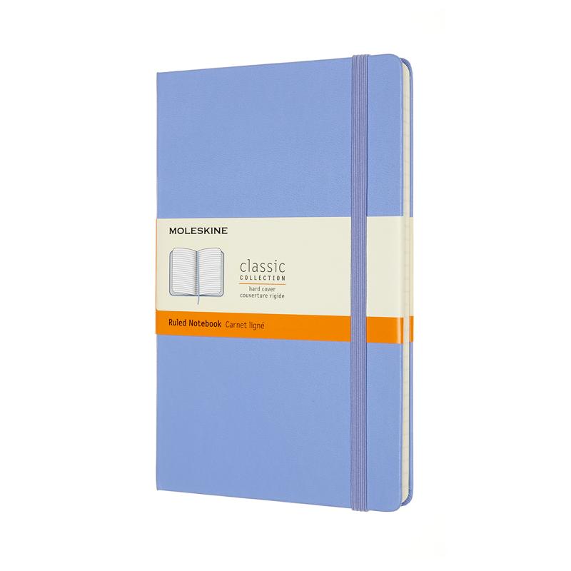 Moleskine Large Ruled Notebook in Hydrangea Blue, featuring a hard cover, ivory pages, elastic closure, and expandable inner pocket.