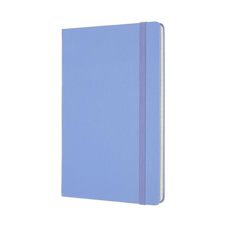 Hydrangea Blue Moleskine notebook with ruled pages, elastic closure, and expandable pocket for notes and memories.