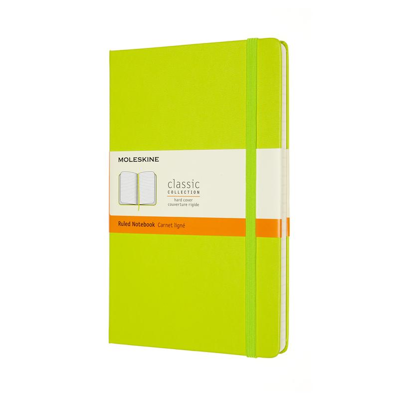 Vibrant lemon green Moleskine notebook with ruled pages, elastic closure, and expandable pocket for creative note-taking.