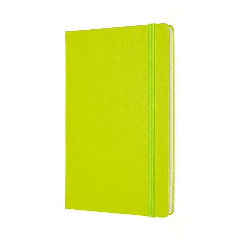 Vibrant lemon green Moleskine notebook with ruled pages, elastic closure, bookmark, and expandable pocket for creativity on-the-go.