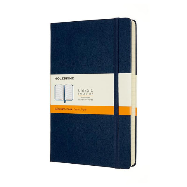 Moleskine Large Notebook in Sapphire Blue, featuring 400 ruled pages, two ribbon bookmarks, and an expandable inner pocket.