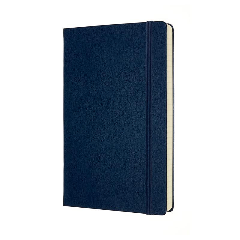 Moleskine Large Sapphire Blue Notebook with 400 ruled pages, expandable pocket, and two ribbon bookmarks for organized creativity.