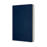 Moleskine Large Sapphire Blue Notebook with 400 ruled pages, expandable pocket, and two ribbon bookmarks for organized creativity.